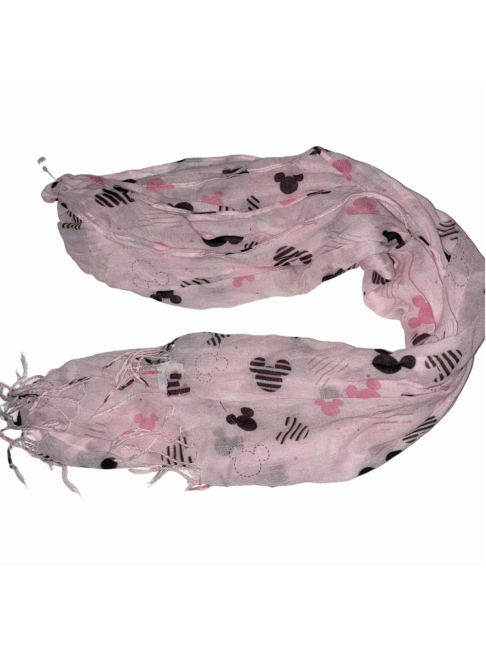 Women's Disney Mickey Mouse Print Scarf Lightweight Sheer Pink and Black Fringe